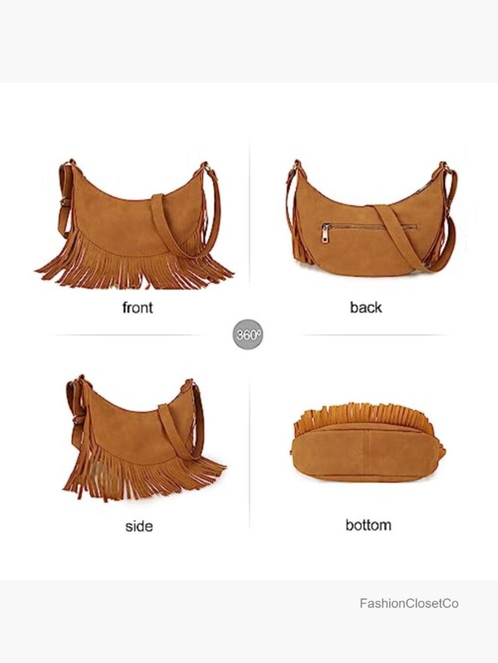 Fringe Crescent Crossbody Hobo Purse Vegan Suede Fits iPad Mini Kindle - Picture 4 of 7